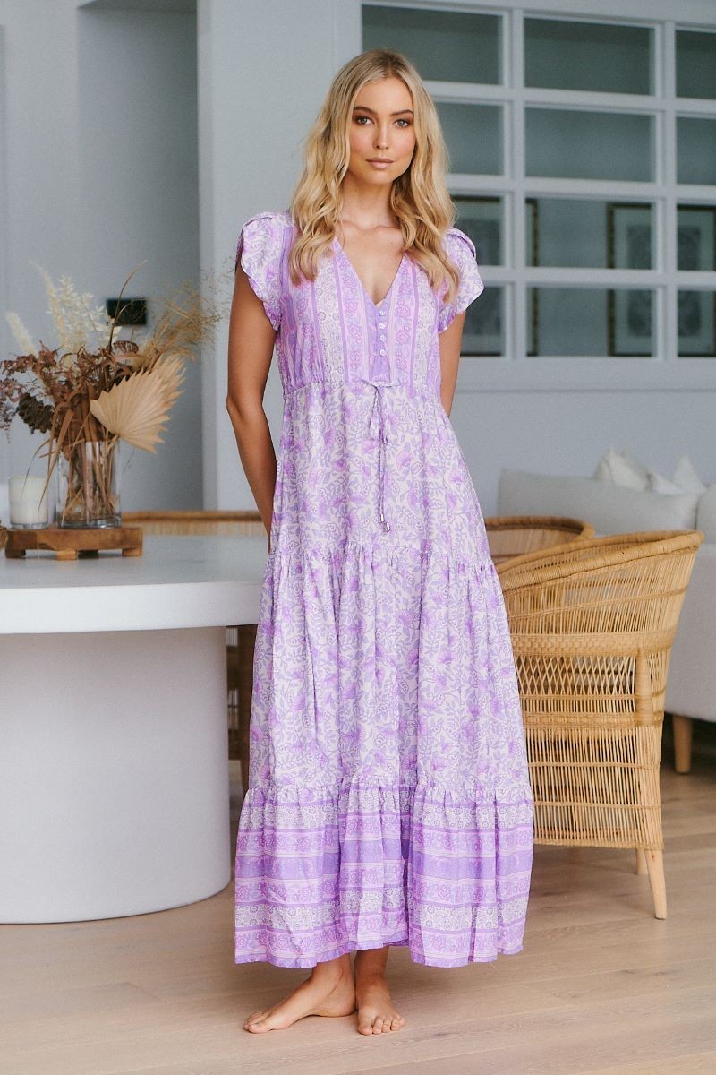 vestido largo de jaase melissa print violet portada