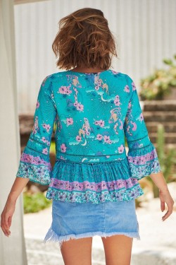 jaase starry turquoise print rose top back