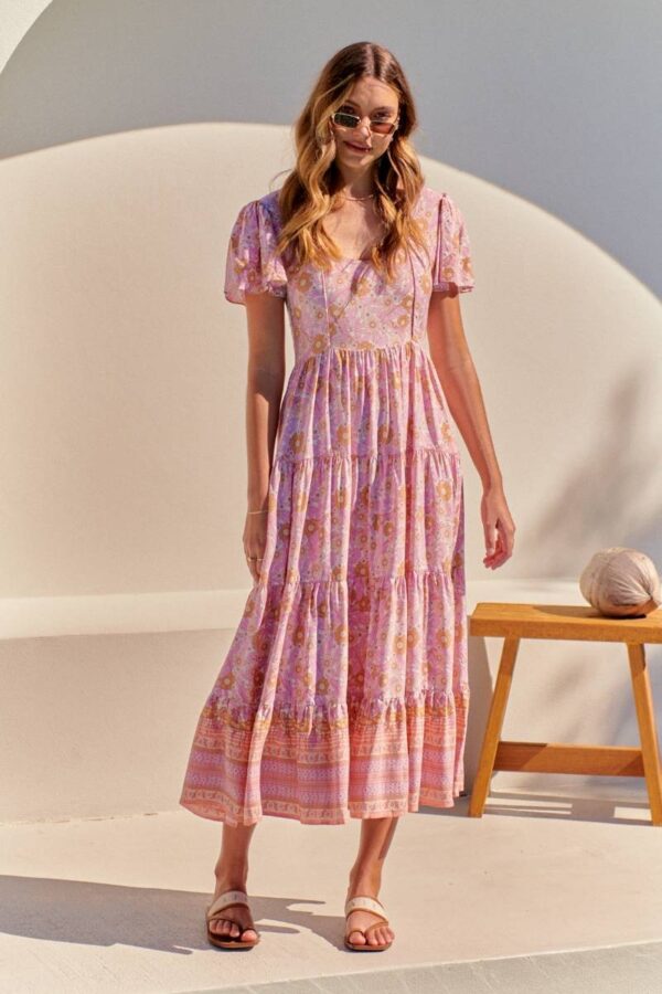vestido largo de jaase cranberry print pink flamingo wonderland portada