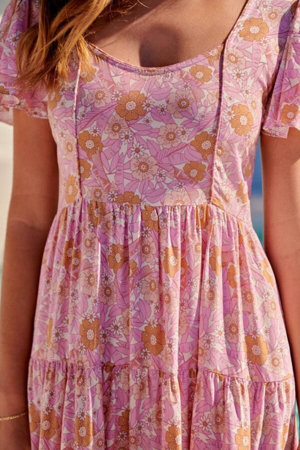 vestido largo de jaase cranberry print pink flamingo wonderland detalle