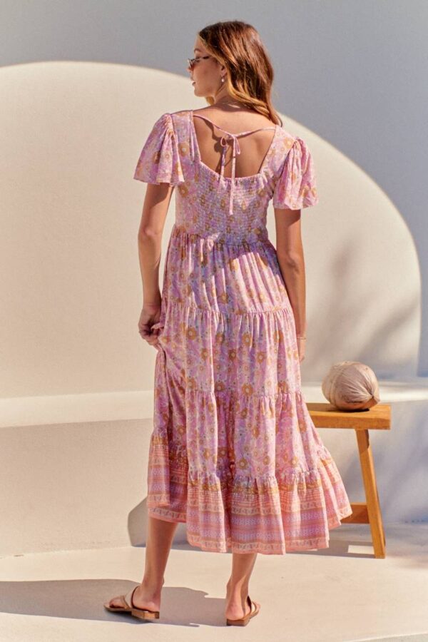 vestido largo de jaase cranberry print pink flamingo wonderland espalda