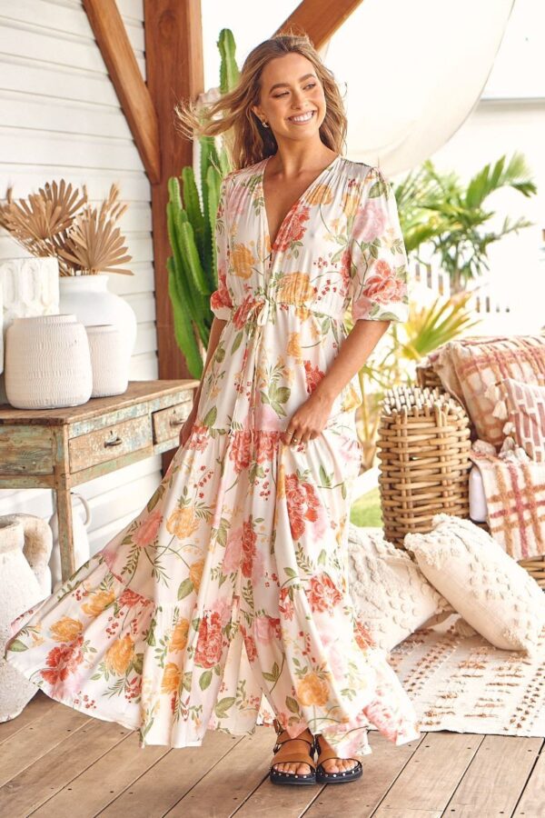 vestido largo de jaase tessa print willow frontal