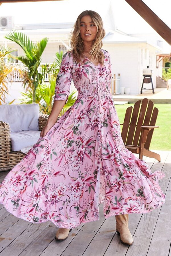 vestido jaase indiana print pink lotus frontal