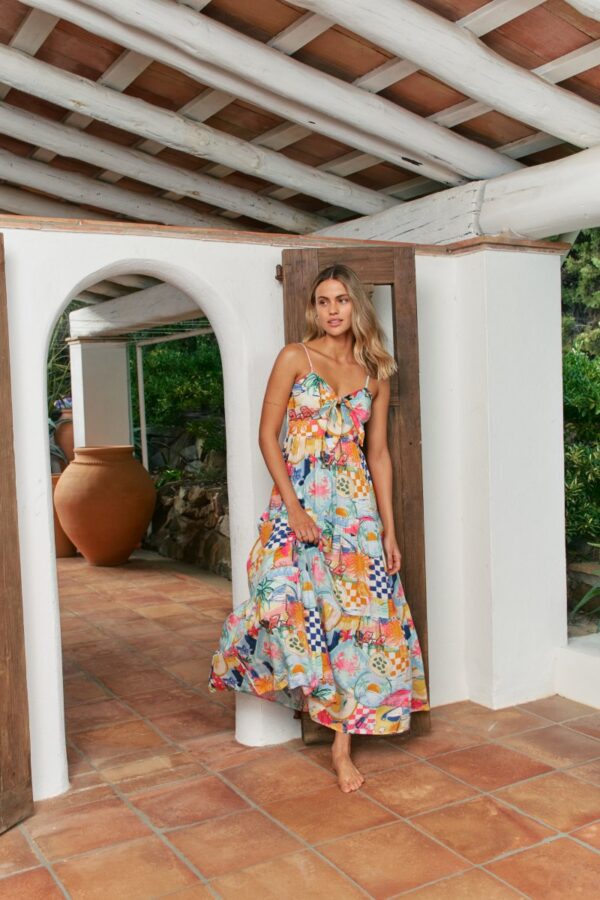 Main view of Jaase Bambi Santa Maria dress on covered outdoor porch.