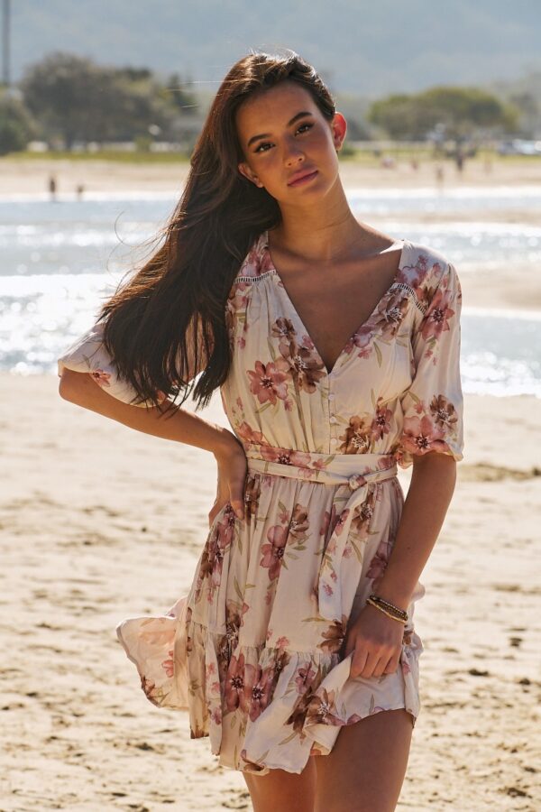 Front view of the Jaase Dhalia dress in Love Story print