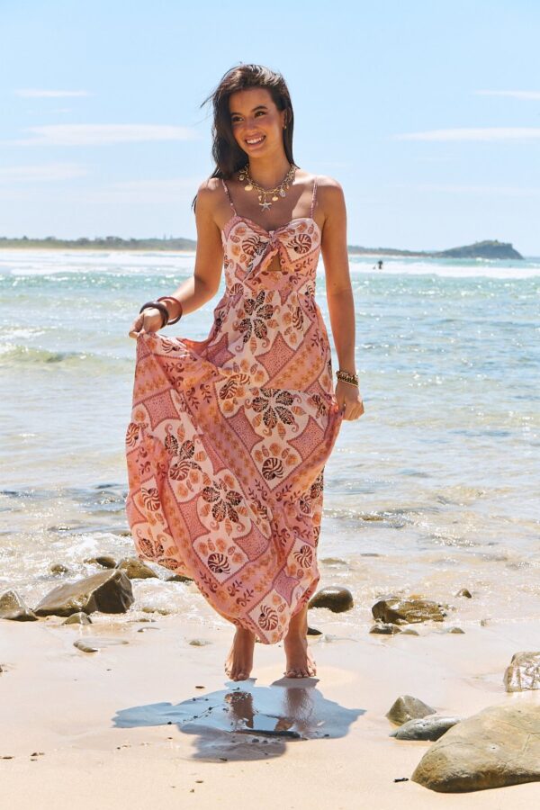 Long Jaase dress, Bambi model in Tahitian print with front tie