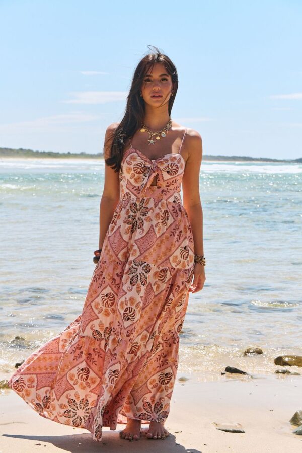 Full frontal view of the Jaase Bambi Tahitian dress with marine-inspired print