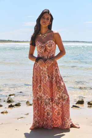 Front cover view of the Jaase Bambi dress in Tahitian print with thin straps