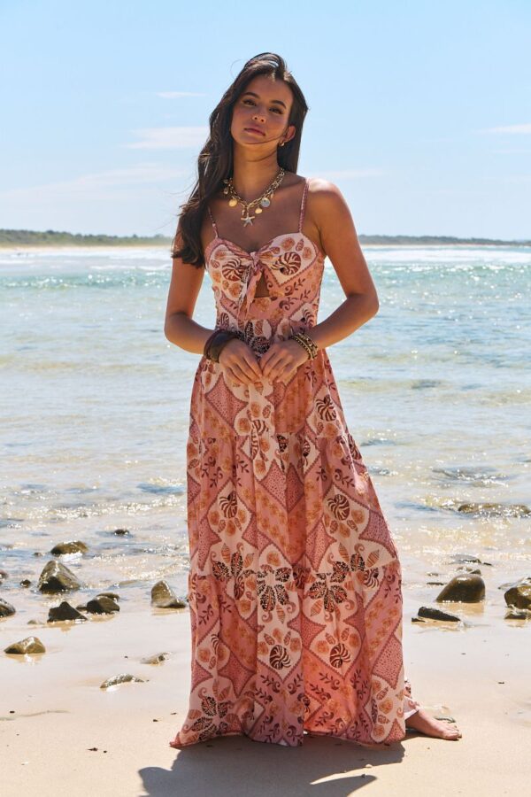 Front cover view of the Jaase Bambi dress in Tahitian print with thin straps