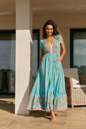 Front view of the Jaase Carmen Atlantis dress in turquoise paisley print – main image