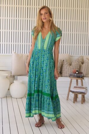 Front view of the Jaase Carmen dress in Tranquility print – boho maxi dress in blue and green paisley, Summer 2025 collection