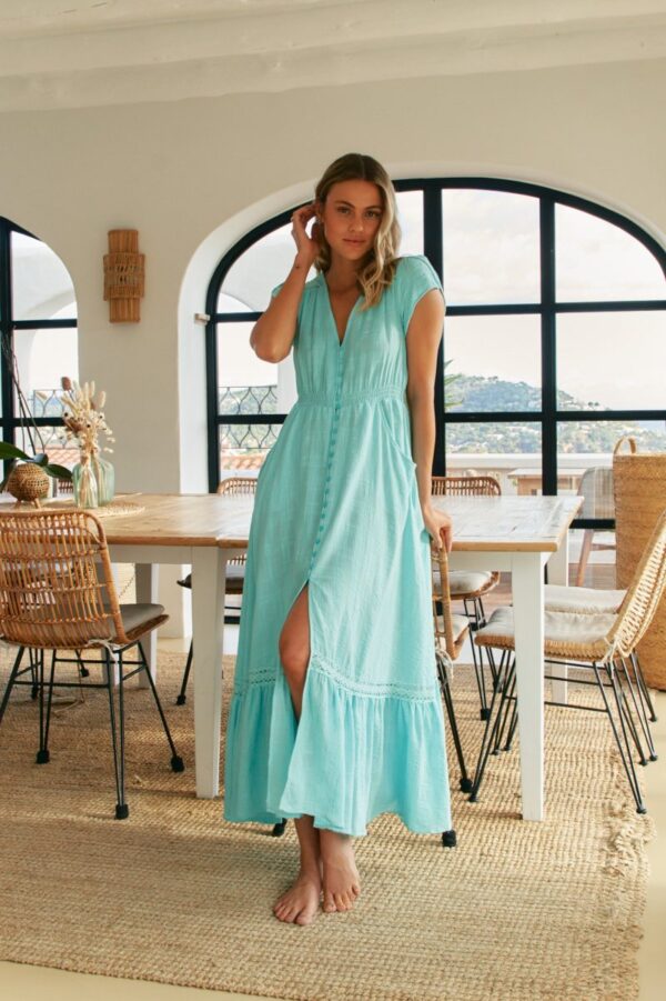 Close-up front view of the Jaase Carmen Zanzibar dress with full button-down closure and lace details