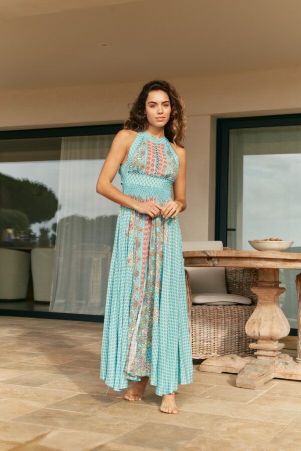 Jaase Endless Summer Atlantis dress with halter neck and turquoise Paisley print front view