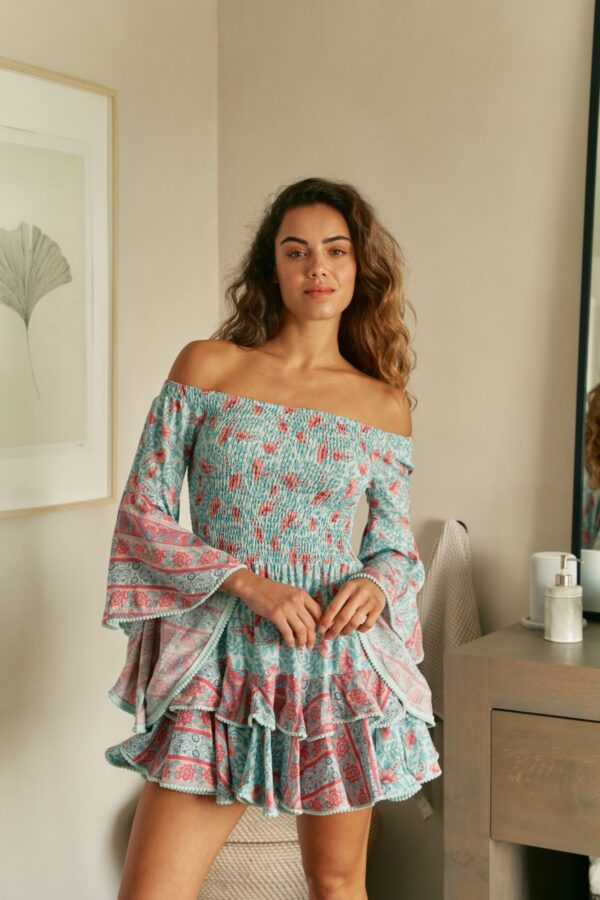 Front view of the Jaase Primrose dress in Malibu print, Summer 2025 collection