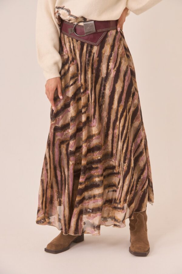Front view of Nekane skirt with animal print in flowing fabric