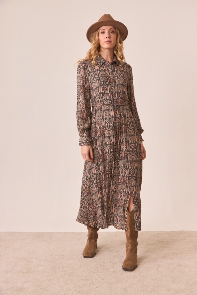 Long boho printed dress with fabric belt