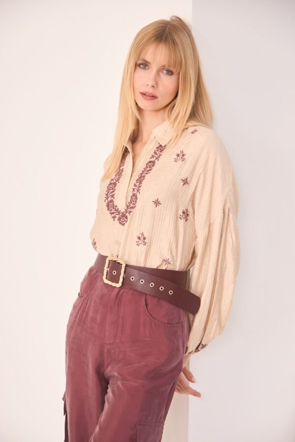 Front view of boho embroidered Almach blouse cover