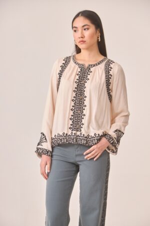 Front view of the embroidered Mimosa blouse by NKN Nekane